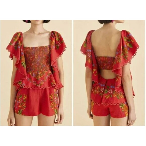 Farm Rio Romper Women's XL Red Tropical Romance Ruffle Smocked Linen Blend NWT